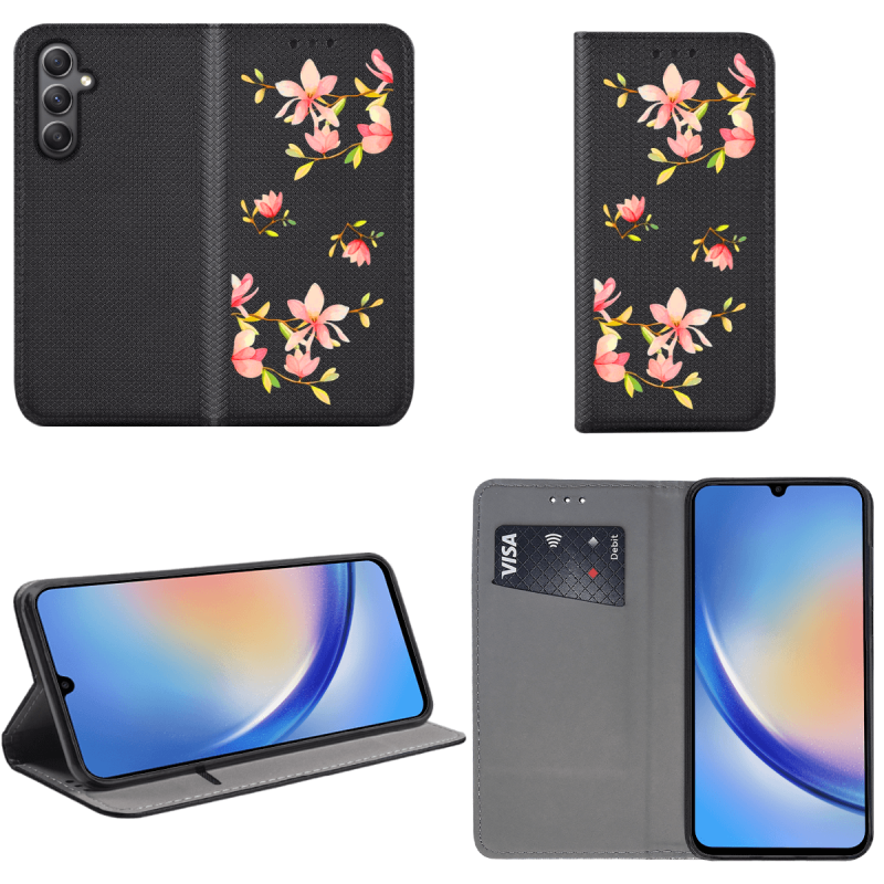 Etui malowane zamykane do Samsung Galaxy A34 5G wzór kwiat + szkło pokrowiec kabura case zamykane z klapką