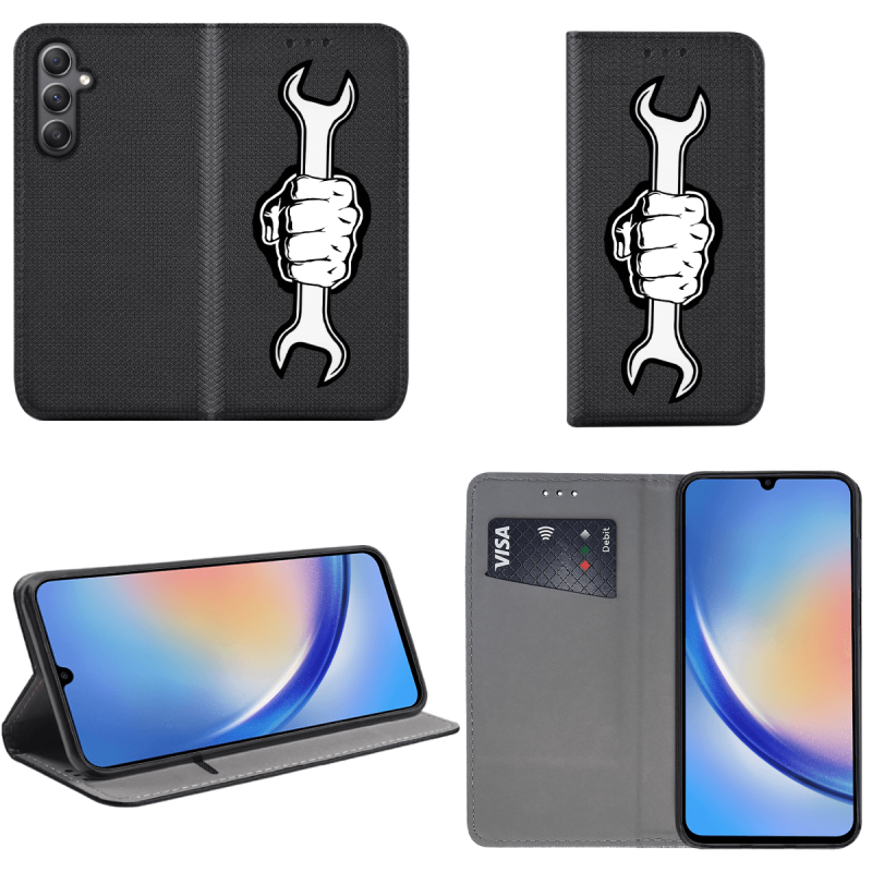 Etui malowane zamykane do Samsung Galaxy A34 5G wzór pięść + szkło pokrowiec kabura case zamykane z klapką