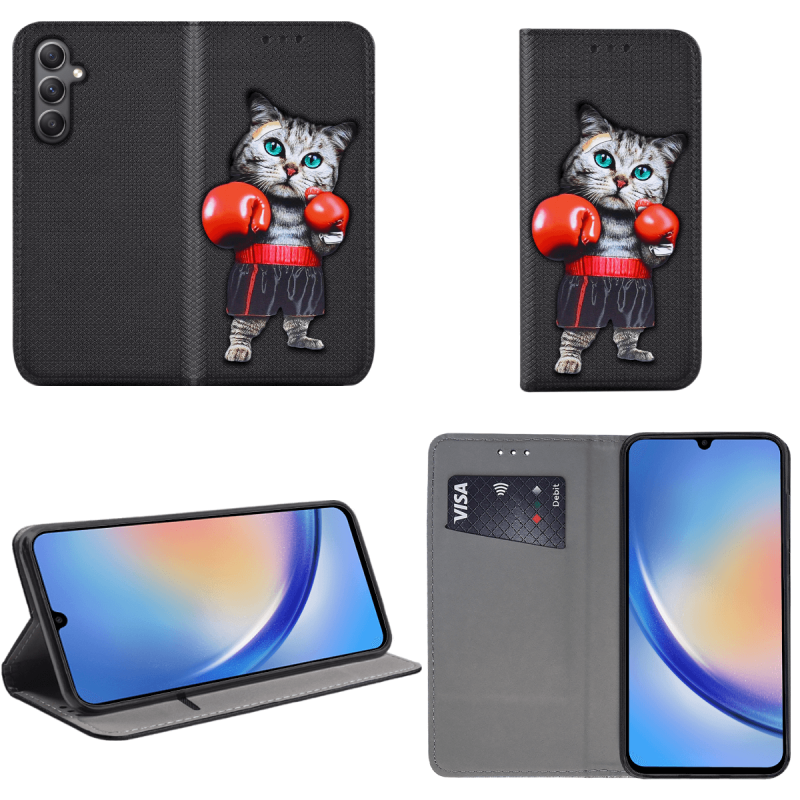 Etui malowane zamykane do Samsung Galaxy A34 5G wzór kot + szkło pokrowiec kabura case zamykane z klapką
