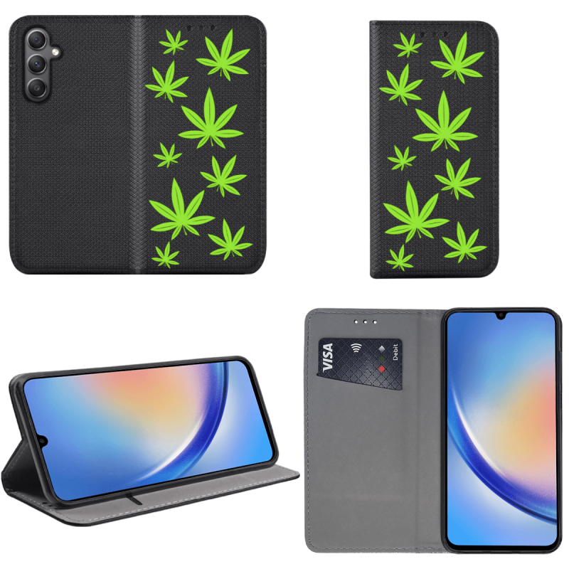 Etui malowane zamykane do Samsung Galaxy A34 5G wzór liście + szkło pokrowiec kabura case zamykane z klapką