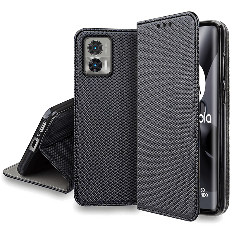Etui zamykane do Motorola Edge 30 Neo czarne + szkło pokrowiec kabura case z klapką