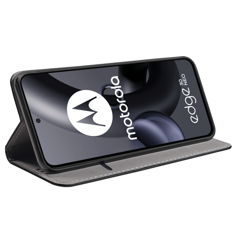 Etui zamykane do Motorola Edge 30 Neo czarne + szkło pokrowiec kabura case z klapką