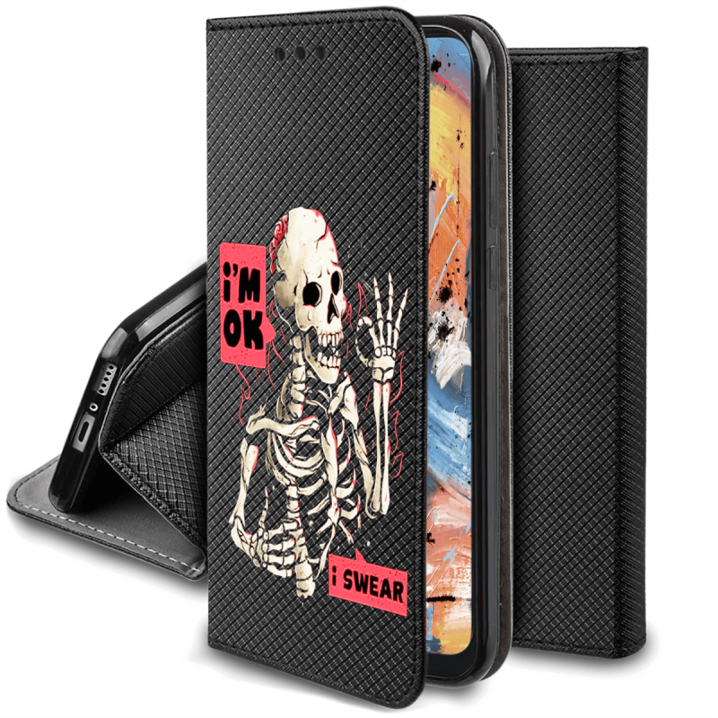 Etui malowane zamykane do Motorola Edge 30 Neo wzór szkielet + szkło pokrowiec kabura case z klapka wzory