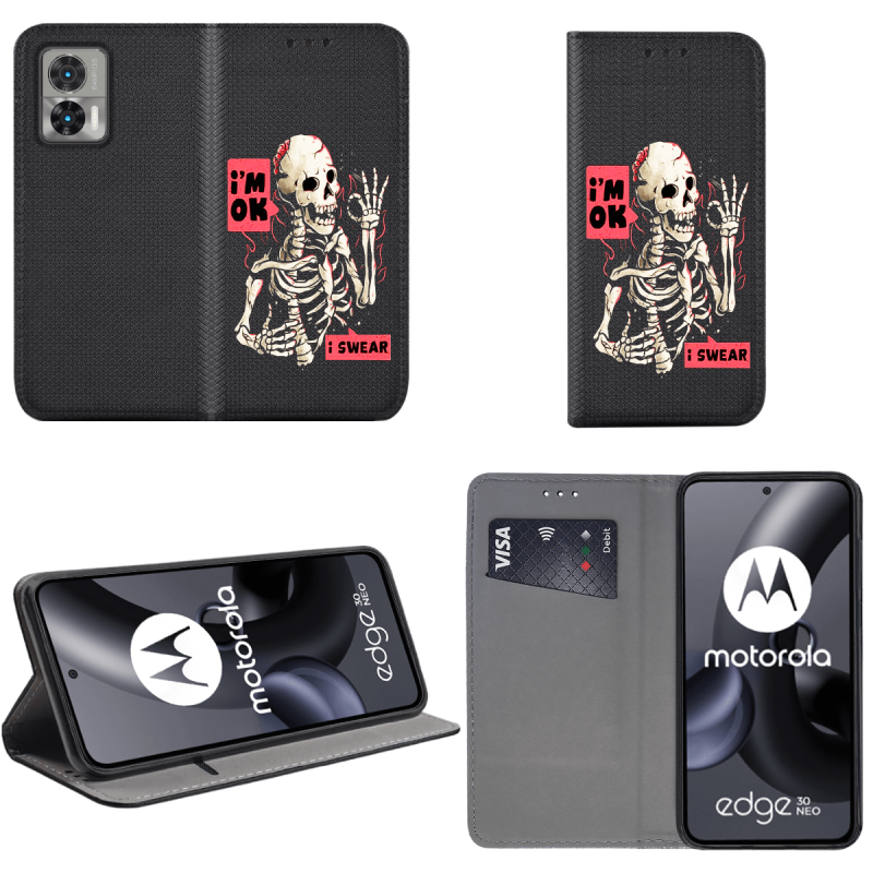Etui malowane zamykane do Motorola Edge 30 Neo wzór szkielet + szkło pokrowiec kabura case z klapka wzory