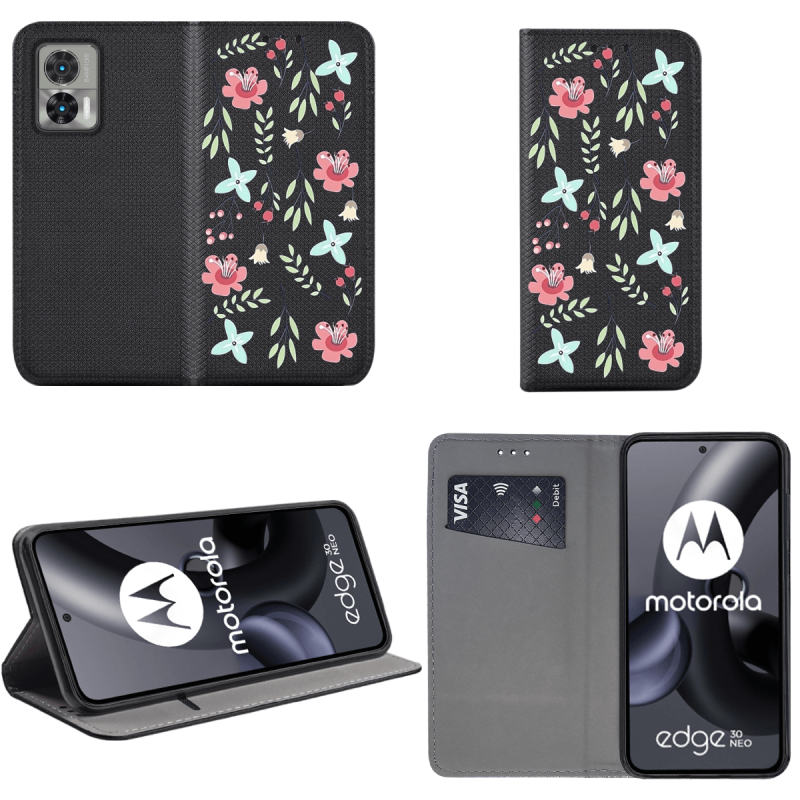 Etui malowane zamykane do Motorola Edge 30 Neo wzór kwiatki + szkło pokrowiec kabura case z klapka wzory