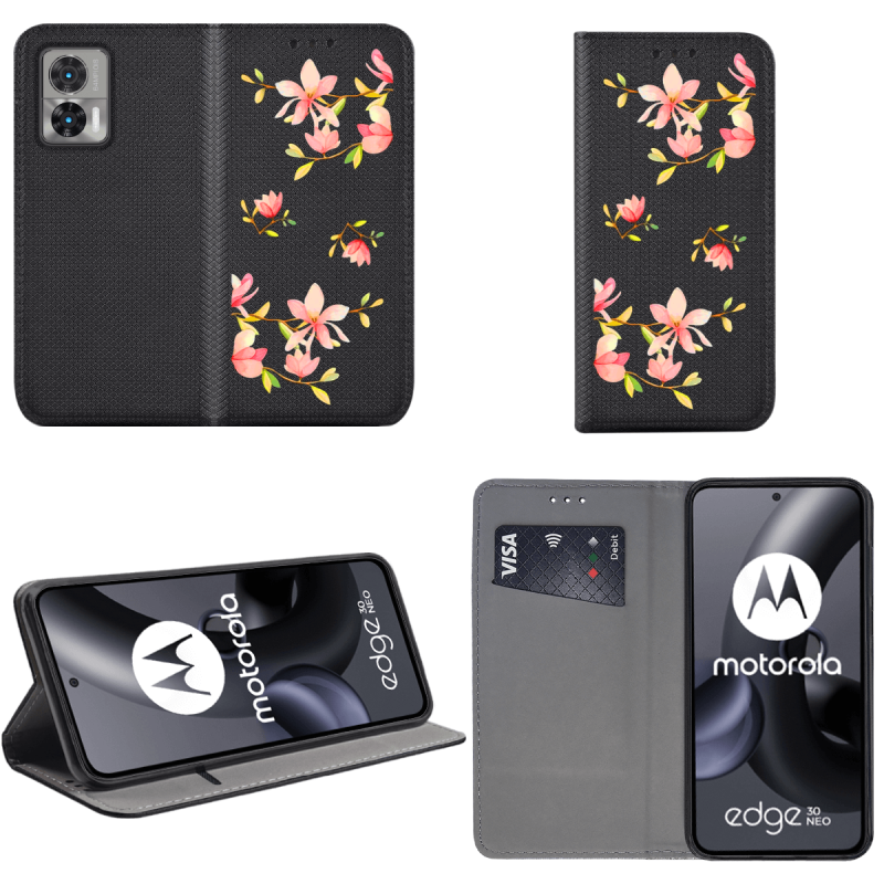 Etui malowane zamykane do Motorola Edge 30 Neo wzór kwiatki + szkło pokrowiec kabura case z klapka wzory