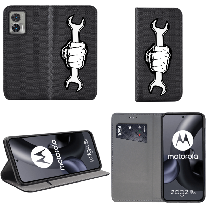 Etui malowane zamykane do Motorola Edge 30 Neo wzór pięść + szkło pokrowiec kabura case z klapka wzory