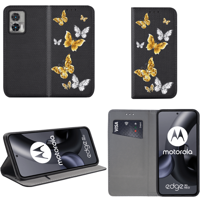 Etui malowane zamykane do Motorola Edge 30 Neo wzór motyle + szkło pokrowiec kabura case z klapka wzory
