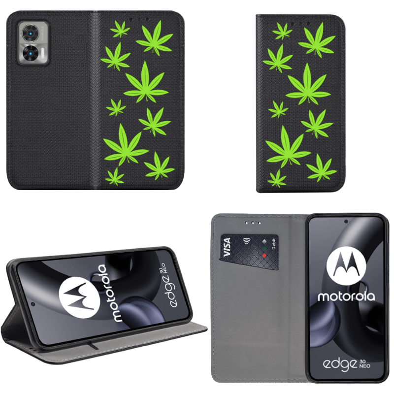 Etui malowane zamykane do Motorola Edge 30 Neo wzór liście + szkło pokrowiec kabura case z klapka wzory