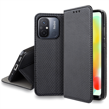 Etui zamykane do Xiaomi Redmi 12c czarne + szkło