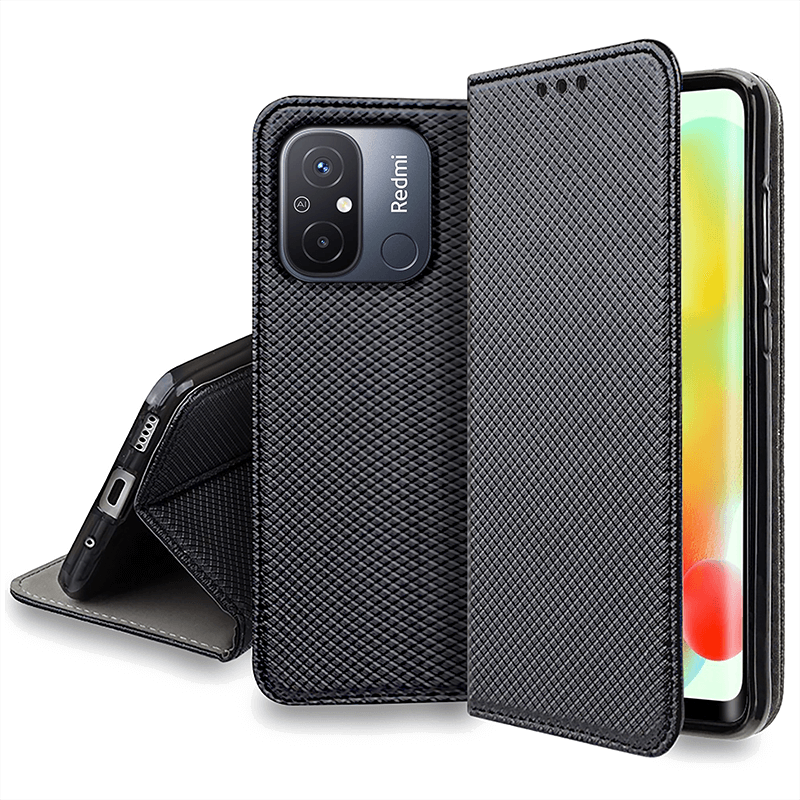 Etui zamykane do Xiaomi Redmi 12c czarne + szkło pokrowiec kabura z klapką