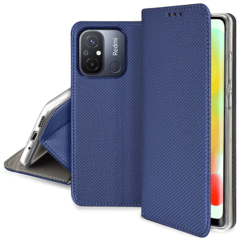Etui zamykane do Xiaomi Redmi 12c granatowe + szkło