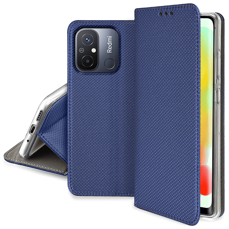 Etui zamykane do Xiaomi Redmi 12c granatowe + szkło pokrowiec kabura z klapką