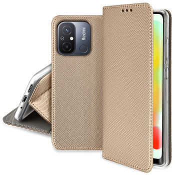 Etui zamykane do Xiaomi Redmi 12c złote + szkło