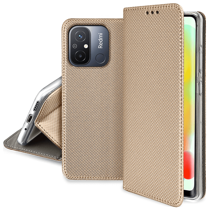Etui zamykane do Xiaomi Redmi 12c złote + szkło pokrowiec kabura z klapką