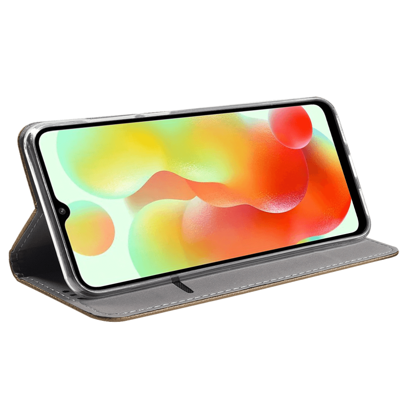 Etui zamykane do Xiaomi Redmi 12c złote + szkło pokrowiec kabura z klapką