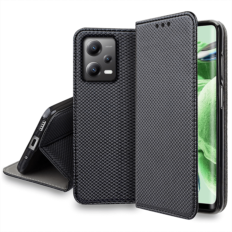 Etui zamykane do Xiaomi Redmi Note 12 5g / Poco X5 5G czarne + szkło kabura case z klapka pokrowiec