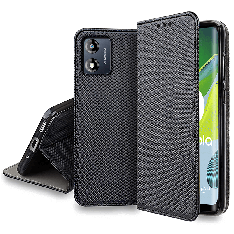 Etui zamykane do Motorola Moto E13 czarne + szkło pokrowiec kabura case z klapką