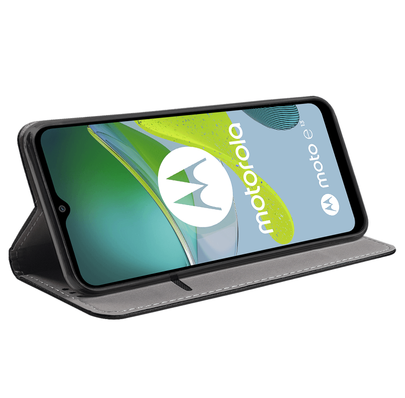 Etui zamykane do Motorola Moto E13 czarne + szkło pokrowiec kabura case z klapką