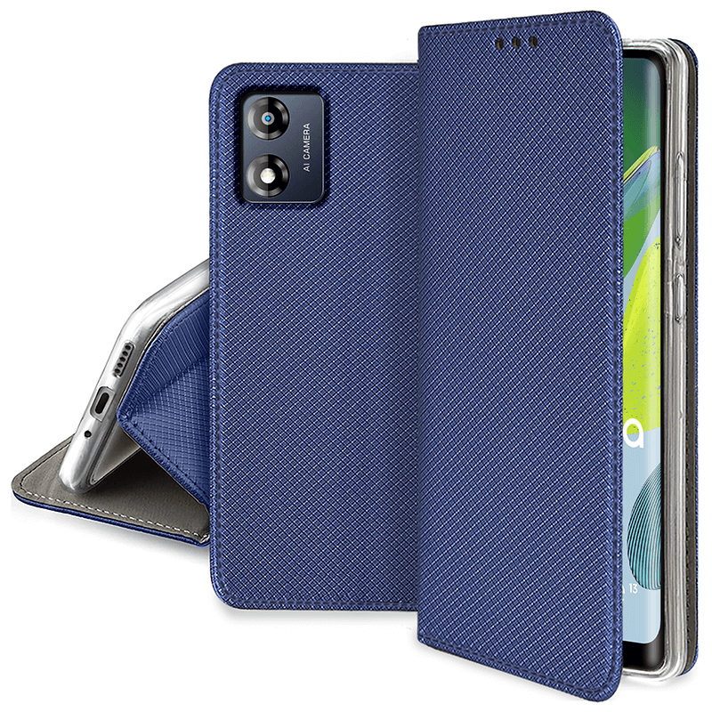 Etui zamykane do Motorola Moto E13 granatowe + szkło pokrowiec kabura case z klapką