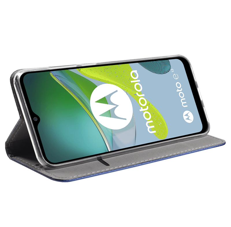 Etui zamykane do Motorola Moto E13 granatowe + szkło pokrowiec kabura case z klapką