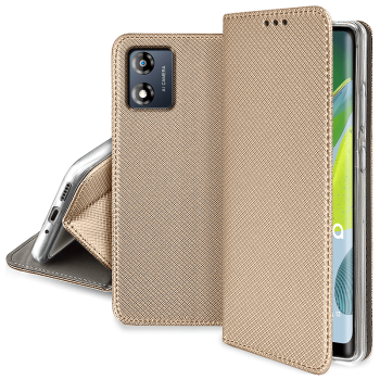 Etui zamykane do Motorola Moto E13 złote + szkło