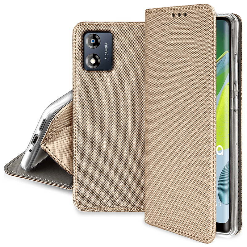 Etui zamykane do Motorola Moto E13 zlote + szkło pokrowiec kabura case z klapką