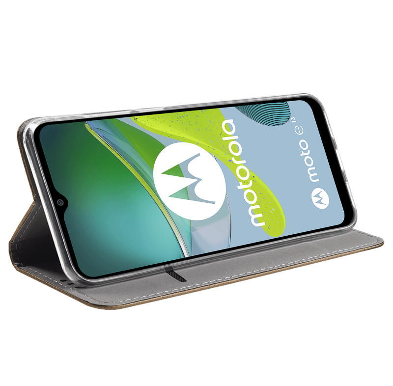 Etui zamykane do Motorola Moto E13 zlote + szkło pokrowiec kabura case z klapką