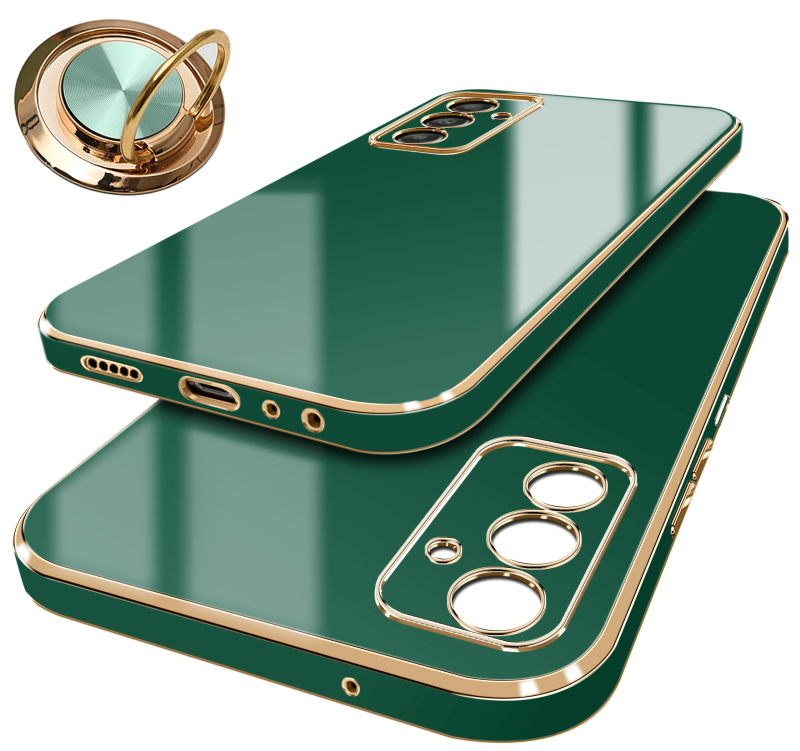 Etui ze złotą ramką do Samsung Galaxy A14 4g / A14 5G zielone + szkło nakładka na plecki case ring gold