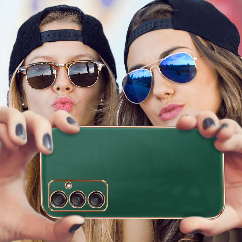 Etui ze złotą ramką do Samsung Galaxy A14 4g / A14 5G zielone + szkło nakładka na plecki case ring gold
