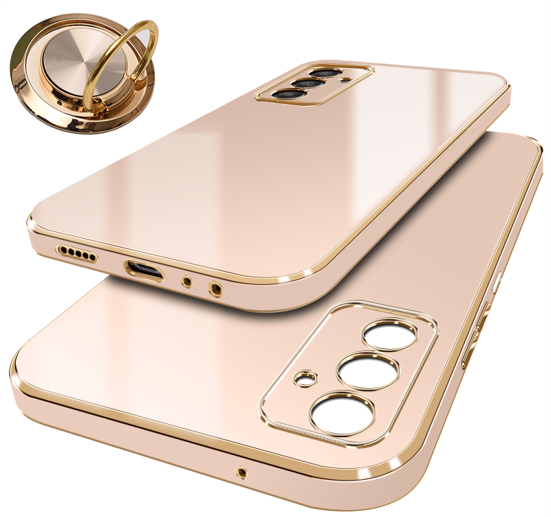 Etui ze złotą ramką do Samsung Galaxy A14 4g / A14 5G różowe+ szkło nakładka na plecki case ring gold