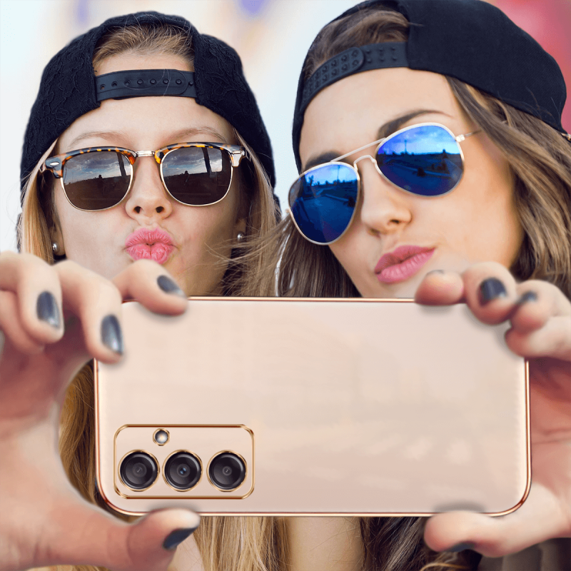 Etui ze złotą ramką do Samsung Galaxy A14 4g / A14 5G różowe+ szkło nakładka na plecki case ring gold
