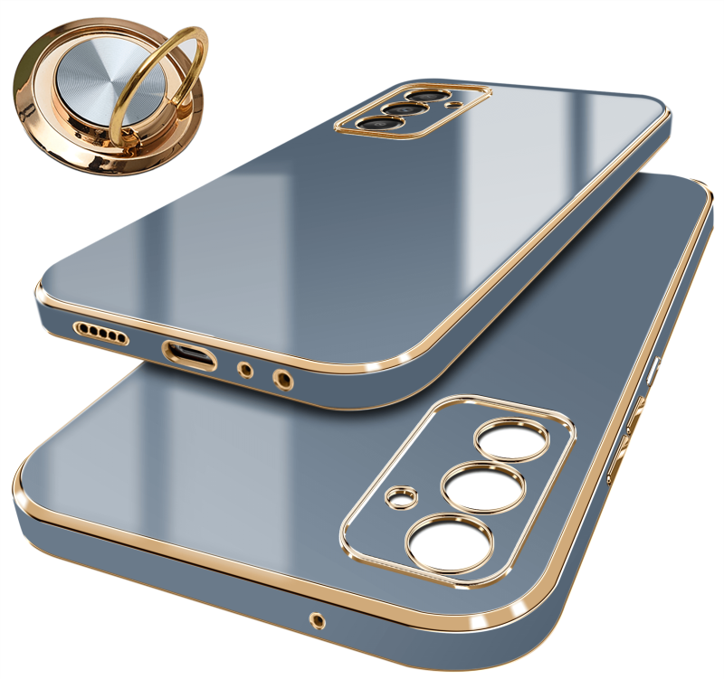 Etui ze złotą ramką do Samsung Galaxy A14 4g / A14 5G szaro-niebieskie + szkło nakładka na plecki case ring gold