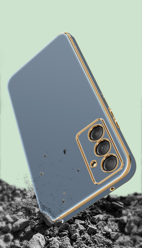 Etui ze złotą ramką do Samsung Galaxy A14 4g / A14 5G szaro-niebieskie + szkło nakładka na plecki case ring gold