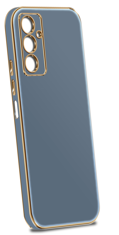 Etui ze złotą ramką do Samsung Galaxy A14 4g / A14 5G szaro-niebieskie + szkło nakładka na plecki case ring gold