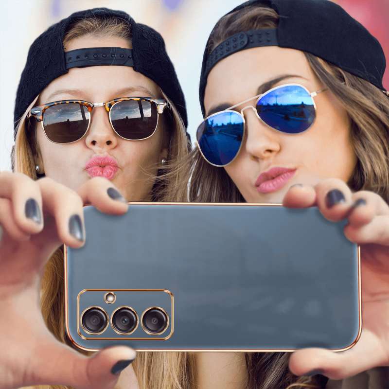 Etui ze złotą ramką do Samsung Galaxy A14 4g / A14 5G szaro-niebieskie + szkło nakładka na plecki case ring gold