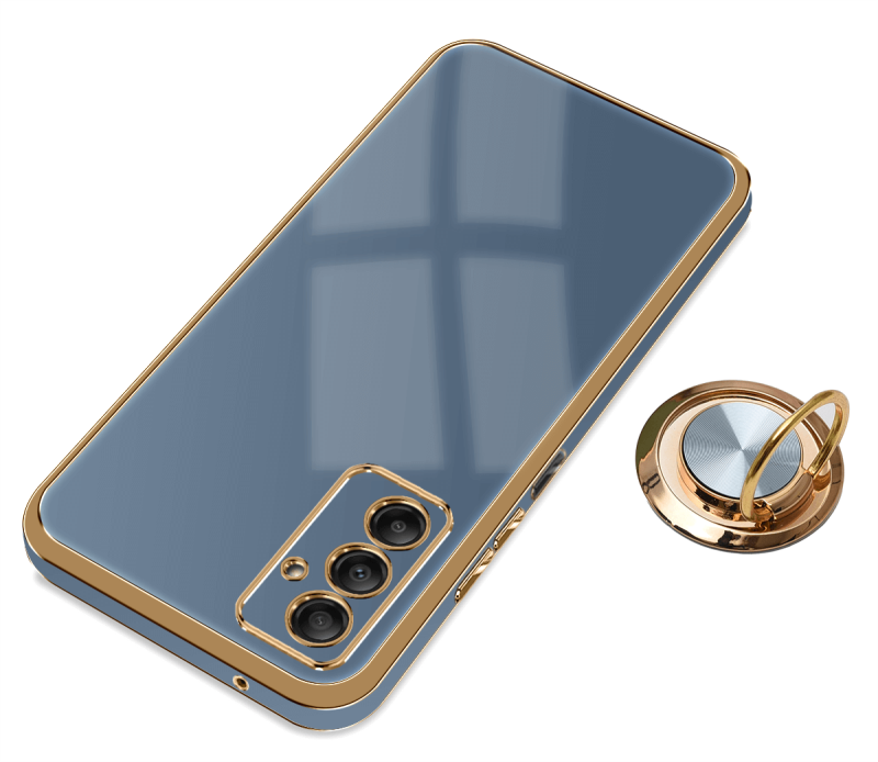 Etui ze złotą ramką do Samsung Galaxy A14 4g / A14 5G szaro-niebieskie + szkło nakładka na plecki case ring gold