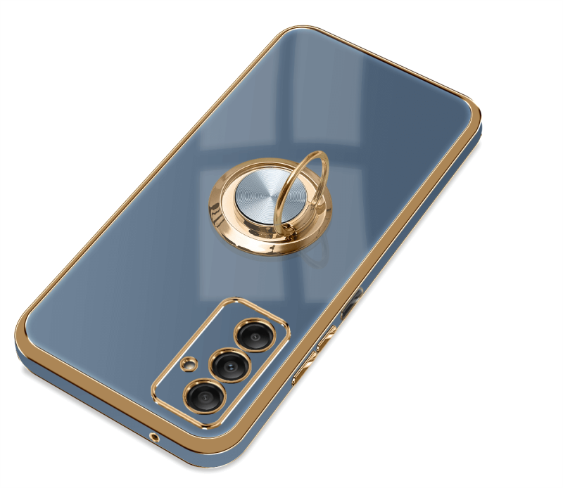 Etui ze złotą ramką do Samsung Galaxy A14 4g / A14 5G szaro-niebieskie + szkło nakładka na plecki case ring gold