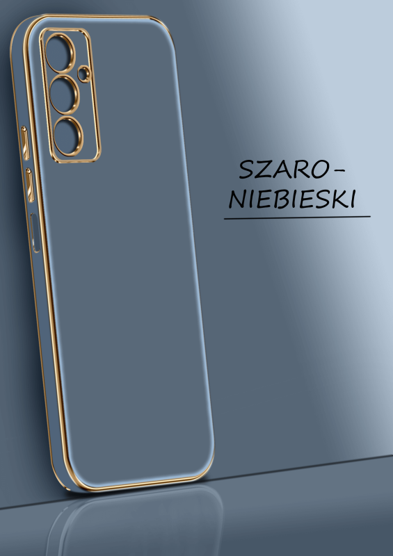 Etui ze złotą ramką do Samsung Galaxy A14 4g / A14 5G szaro-niebieskie + szkło nakładka na plecki case ring gold