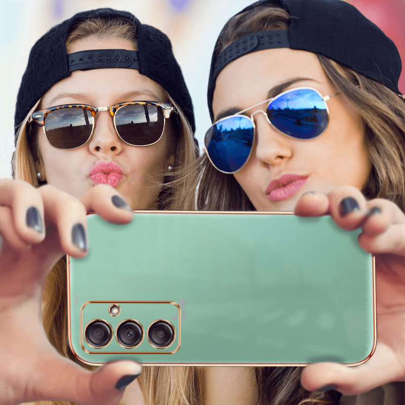 Etui ze złotą ramką do Samsung Galaxy A14 4g / A14 5G miętowe + szkło nakładka na plecki case ring gold