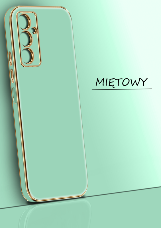 Etui ze złotą ramką do Samsung Galaxy A14 4g / A14 5G miętowe + szkło nakładka na plecki case ring gold