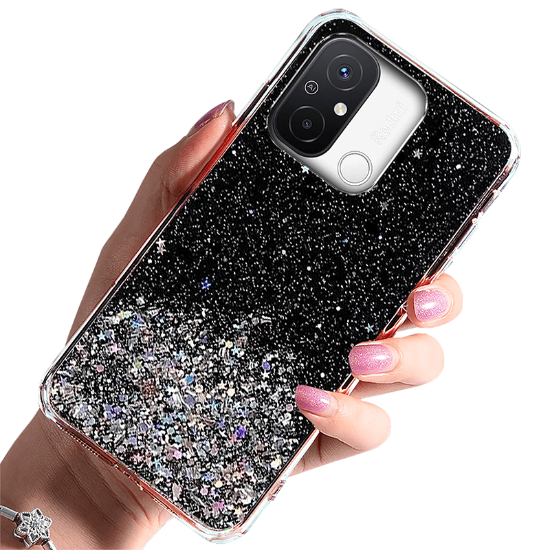 Etui brokat do Xiaomi Redmi 12C czarne + szkło nakładka na plecki case