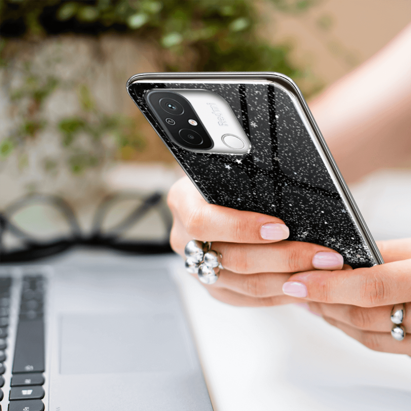 Etui brokat do Xiaomi Redmi 12C czarne + szkło nakładka na plecki case