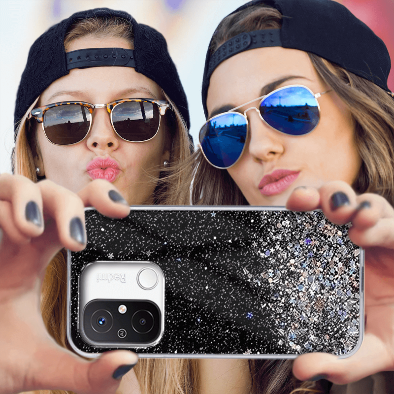 Etui brokat do Xiaomi Redmi 12C czarne + szkło nakładka na plecki case