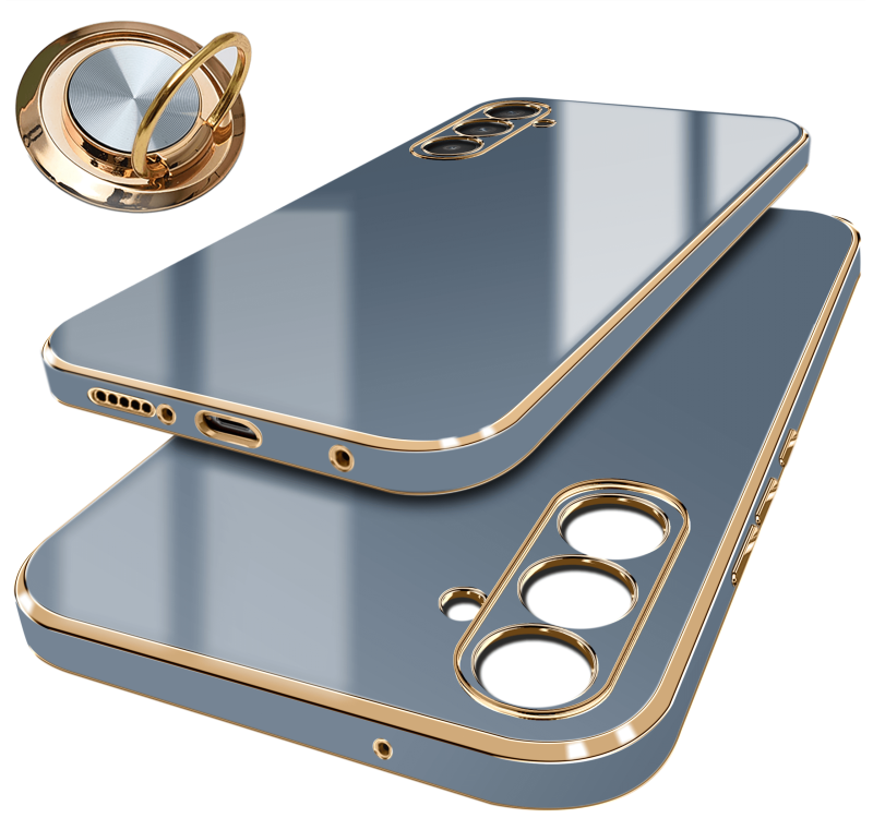Etui do Samsung Galaxy A54 5G ze złotą ramką ring szaroniebieskie + szkło nakładka na plecki case