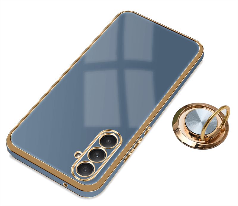 Etui do Samsung Galaxy A54 5G ze złotą ramką ring szaroniebieskie + szkło nakładka na plecki case