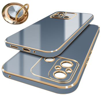 Etui do Xiaomi Redmi 12C ze złotą ramką ring szaroniebieskie + szkło