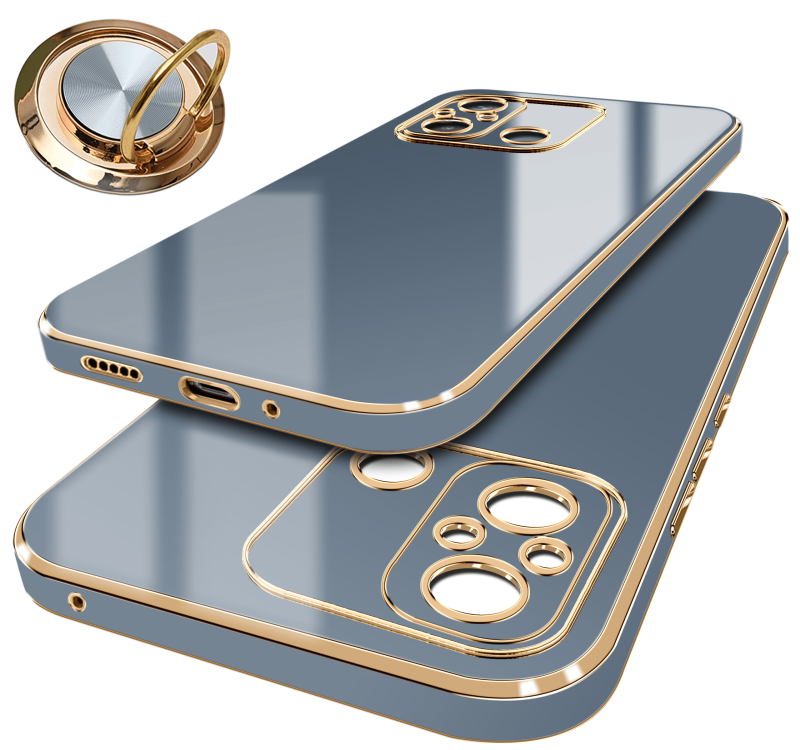 Etui do Xiaomi Redmi 12C ze złotą ramką ring szaroniebieskie + szkło nakładka na plecki case