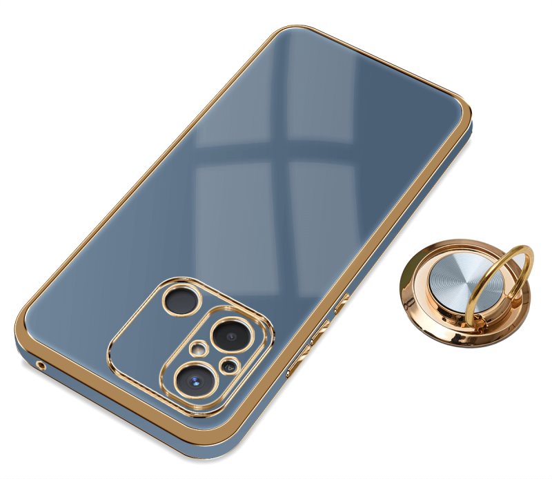 Etui do Xiaomi Redmi 12C ze złotą ramką ring szaroniebieskie + szkło nakładka na plecki case