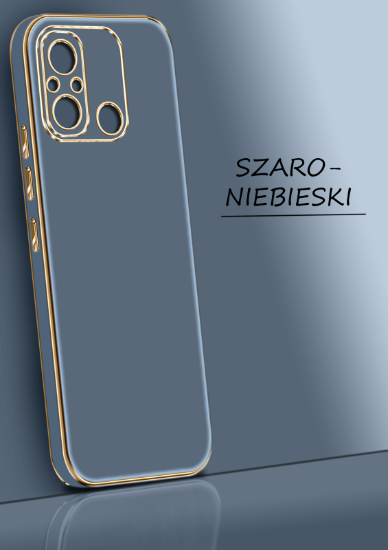 Etui do Xiaomi Redmi 12C ze złotą ramką ring szaroniebieskie + szkło nakładka na plecki case